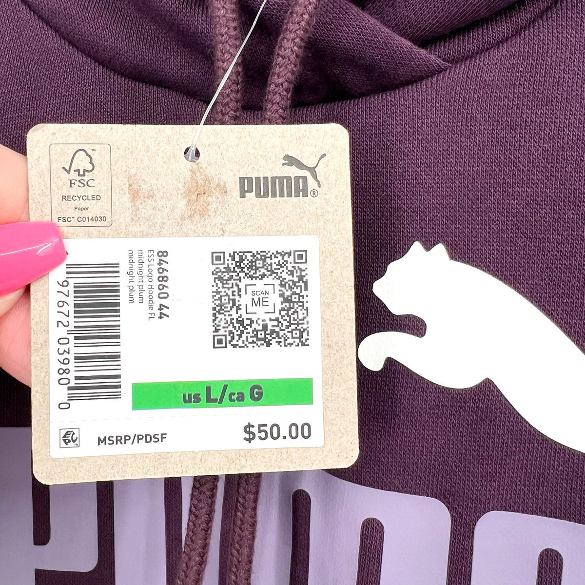 PUMA Womens Essentials Big Logo Hoodie Large Purple Sweatshirt Midnight Plum NWT