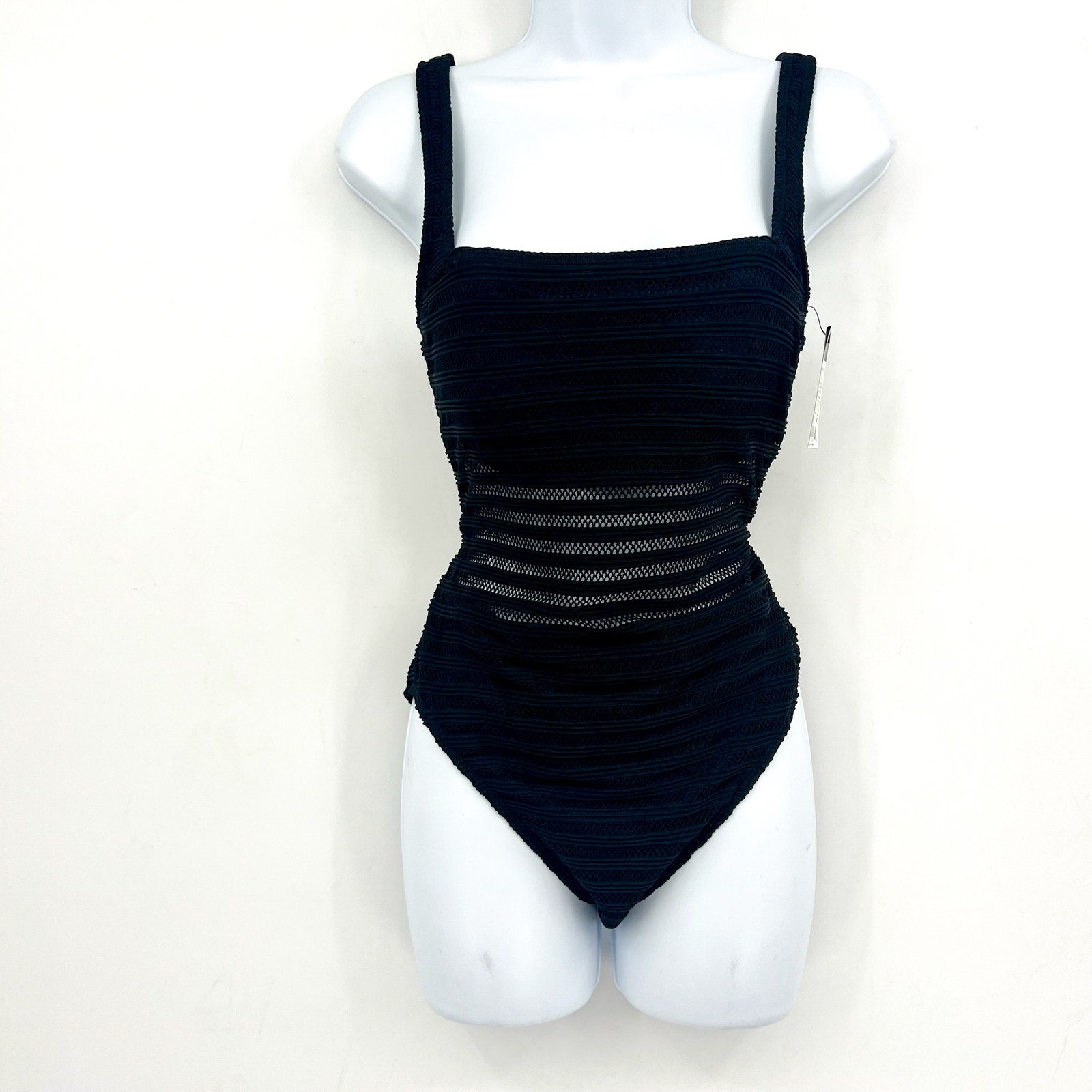 LAUREN RALPH LAUREN Ottoman One-Piece Swimsuit Size 8 Black Mesh Stripe NWT