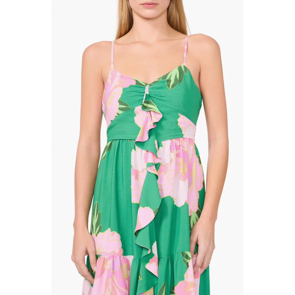 CECE Ruffle-Front Tiered Floral Maxi Dress Large Green Peony Blossom NWT