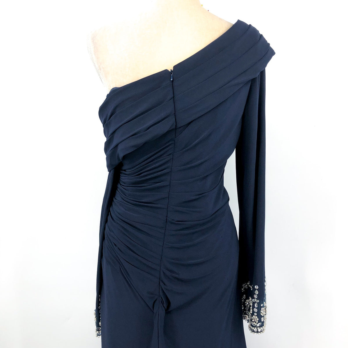 MAC DUGGAL Beaded Cuff Drop Shoulder Gown Size 16 Midnight Navy Blue Formal NWT