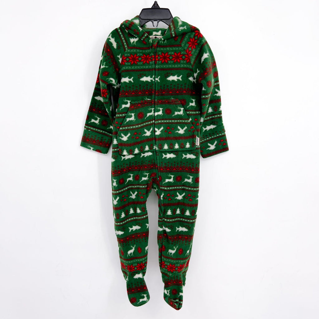 MAGELLAN Kids Holiday One Piece Pajama 5/6 Small Green Print Fleece Footed NWOT