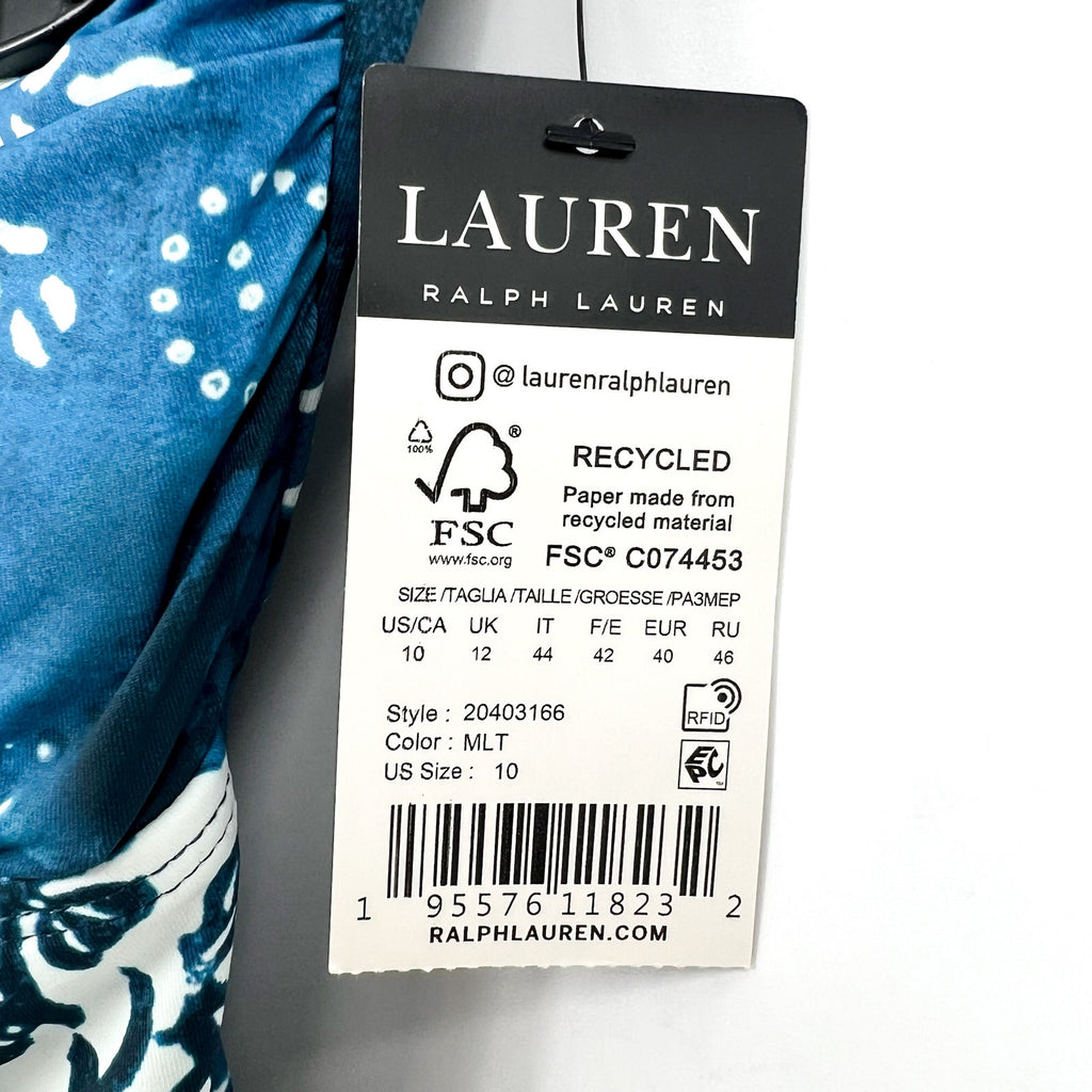 LAUREN RALPH LAUREN Halter Bandeau One Piece Swimsuit 10 Blue Patchwork NWT