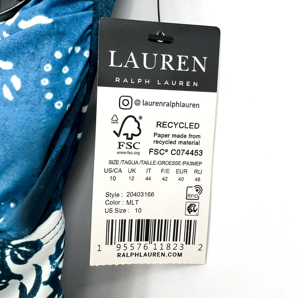 LAUREN RALPH LAUREN Halter Bandeau One Piece Swimsuit 10 Blue Patchwork NWT