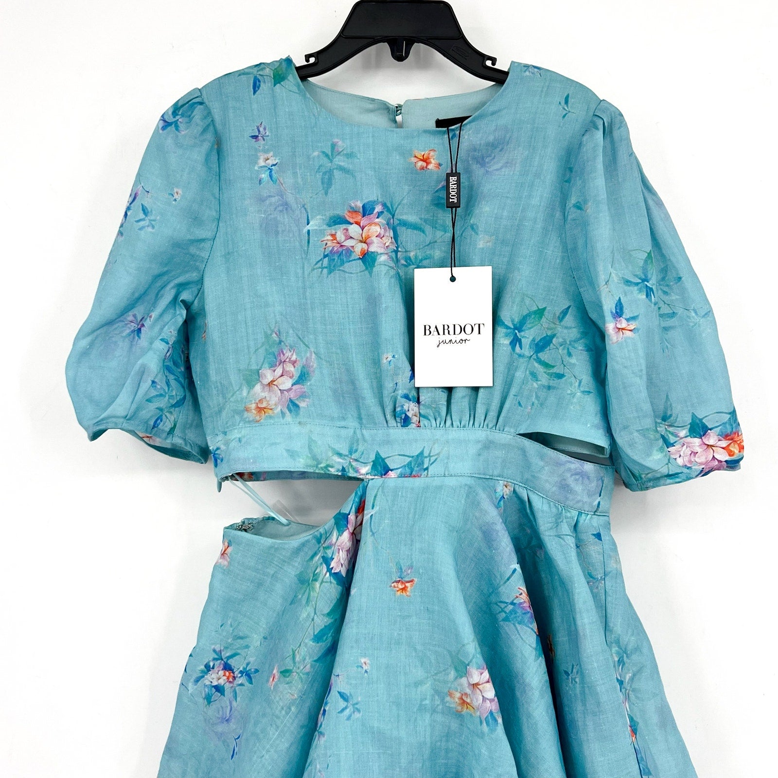 BARDOT Girl's Cindy Floral Cutout Dress Size 8 SMALL Blue Flora Puff Sleeve NWT