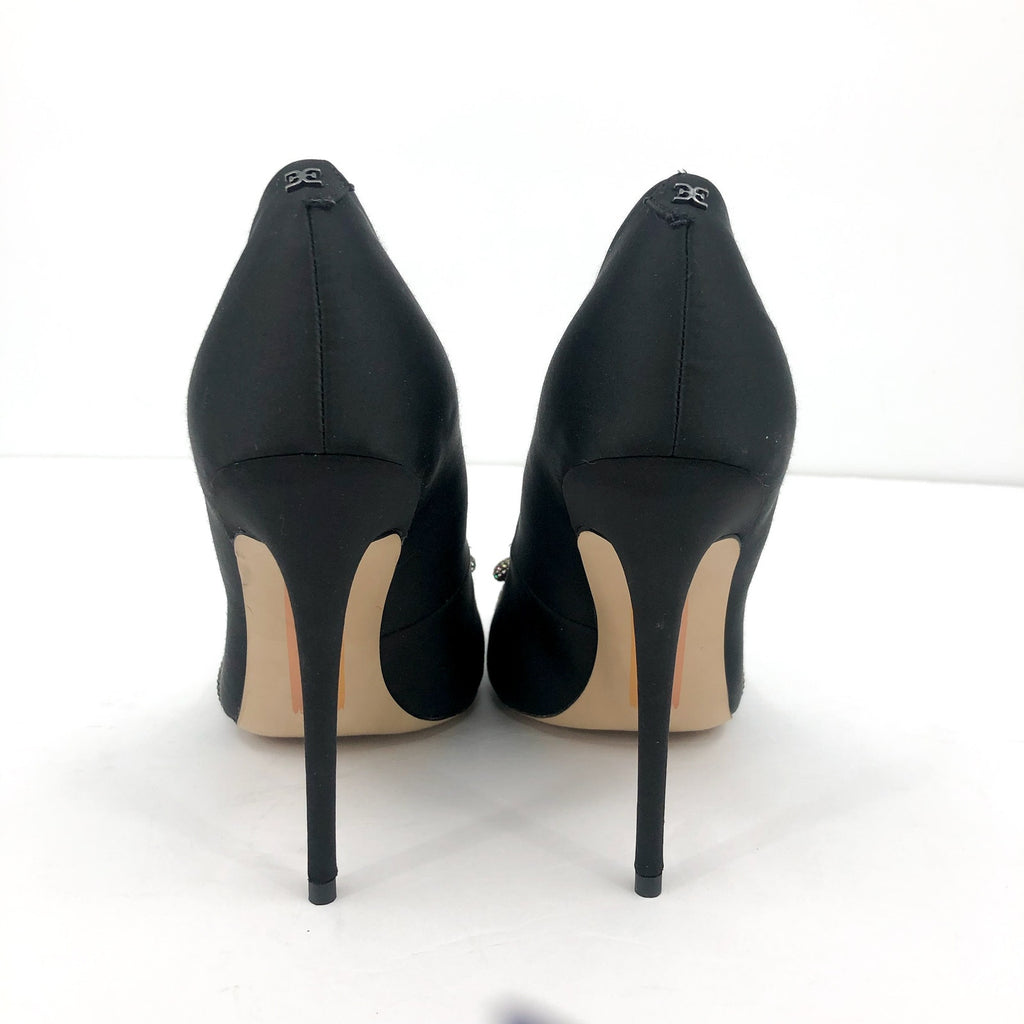 SAM EDELMAN Women's Deela Rhinestone Bow Pumps 9M Black Satin Pointed Toe