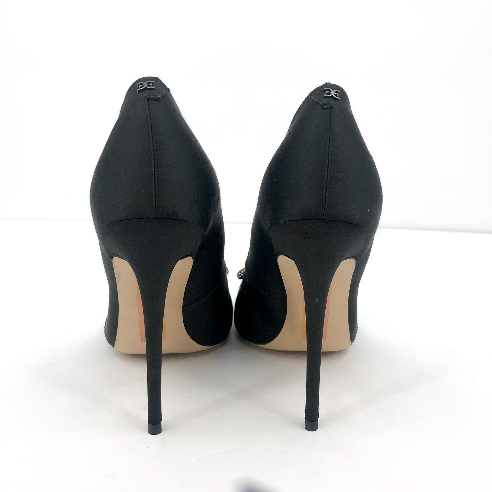 SAM EDELMAN Women's Deela Rhinestone Bow Pumps 9M Black Satin Pointed Toe