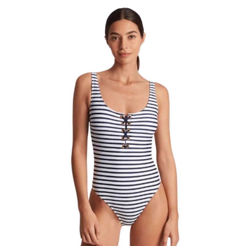 LAUREN RALPH LAUREN Luxe Stripe Laced Tank Swimsuit Size 12 Navy Blue White NWT