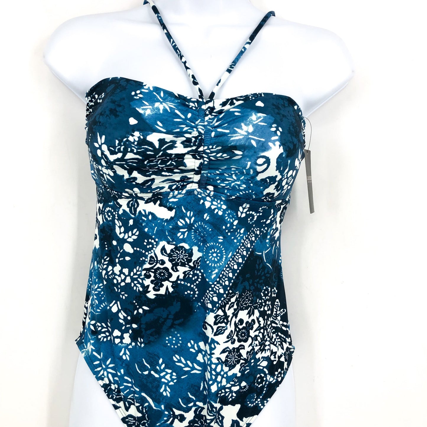 LAUREN RALPH LAUREN Halter Bandeau One Piece Swimsuit 10 Blue Patchwork NWT