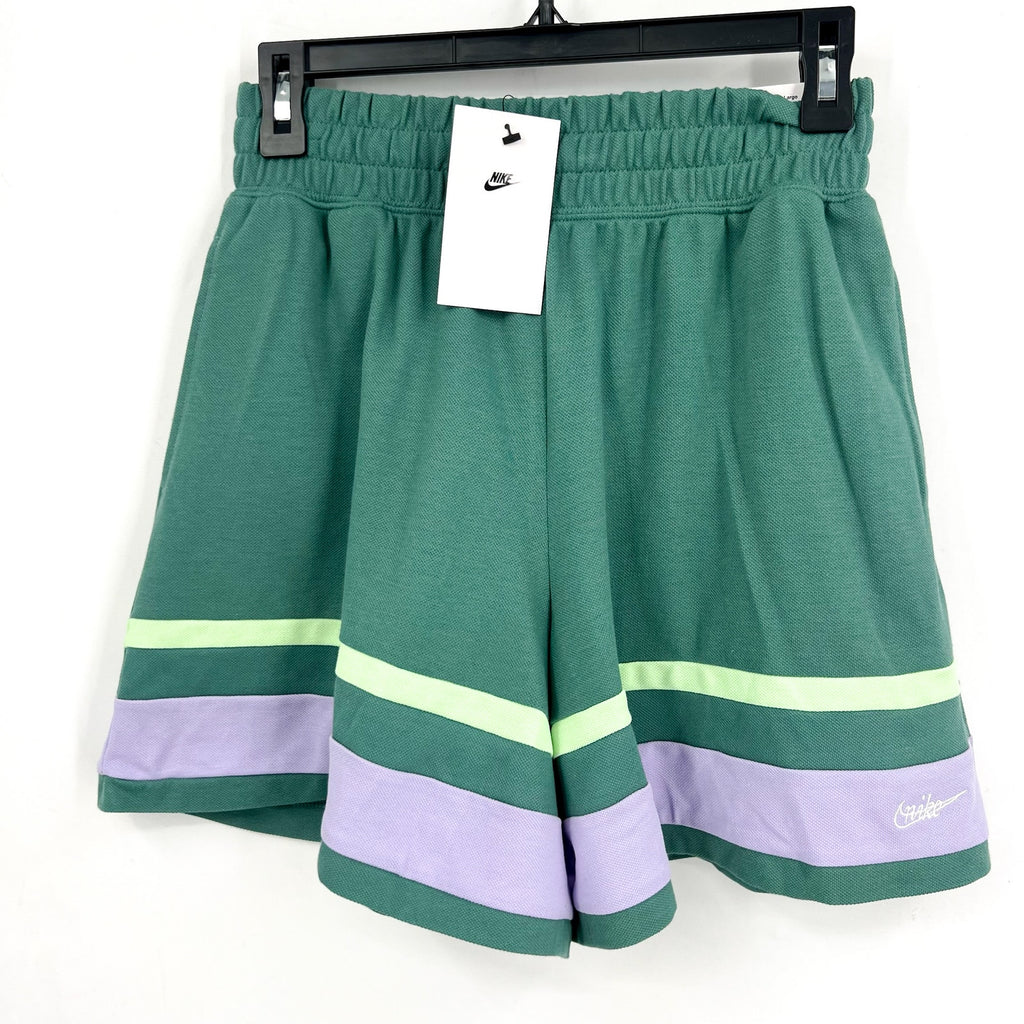 Nike Girls School Athletic Shorts Large Green Bicoastal Stripe Loose Fit NWT