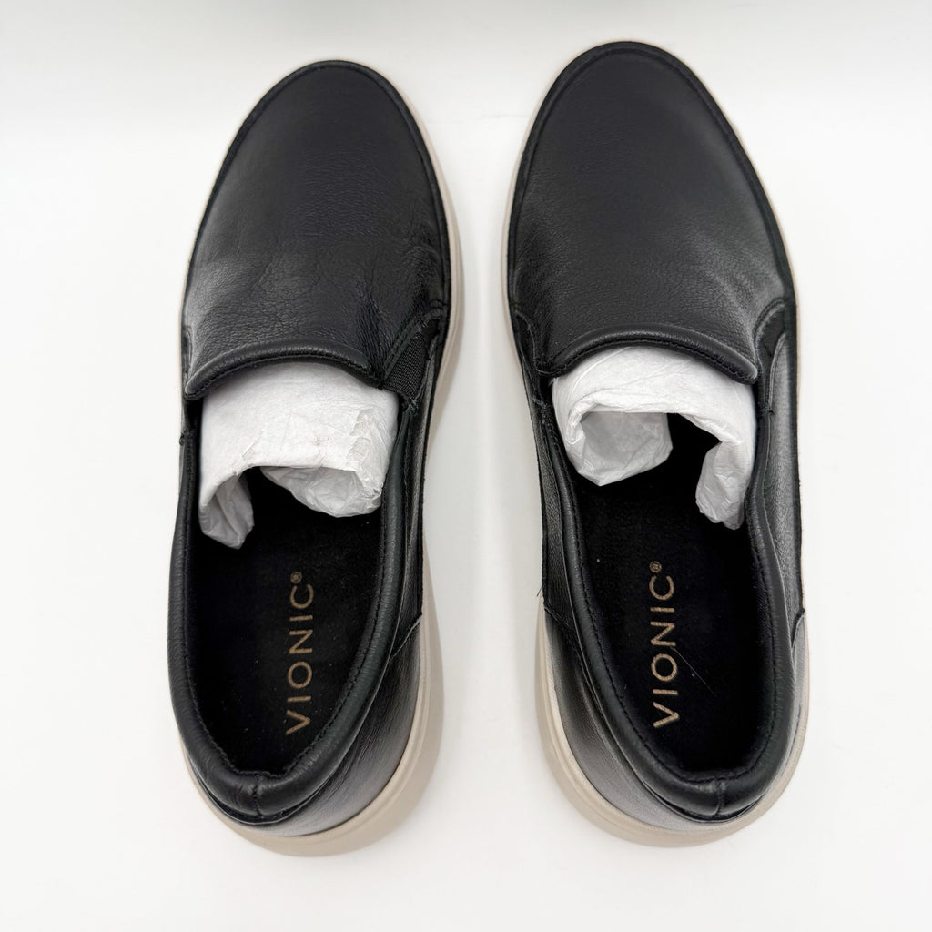 Vionic Womens Kearny Sneakers Size 8.5 Wide Black Leather Slip-On NWOB