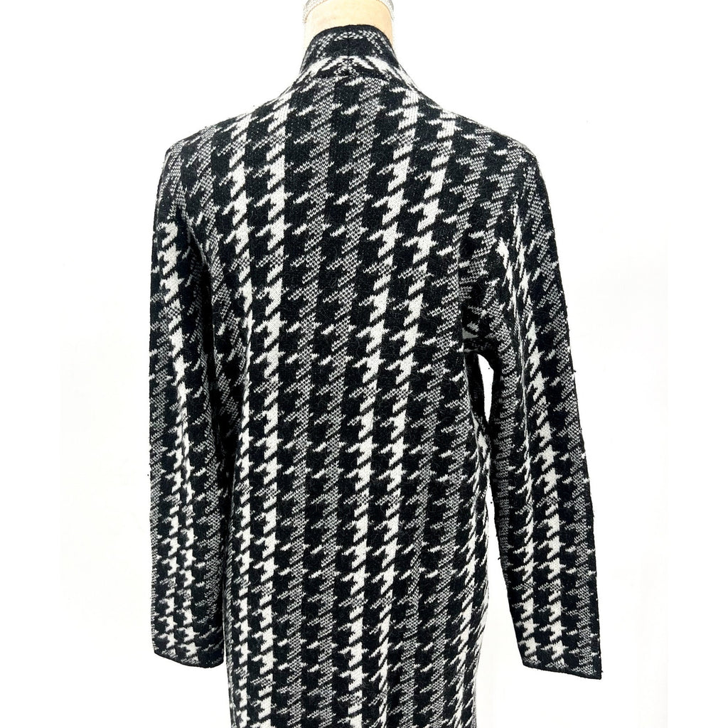 FORTUNE + IVY Women's Long Cardigan Sweater Small Black White Houndstooth NWOT