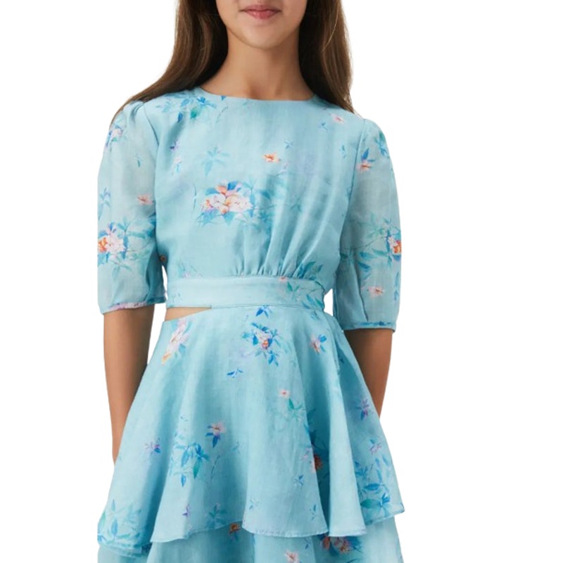 BARDOT Girl's Cindy Floral Cutout Dress Size 8 SMALL Blue Flora Puff Sleeve NWT