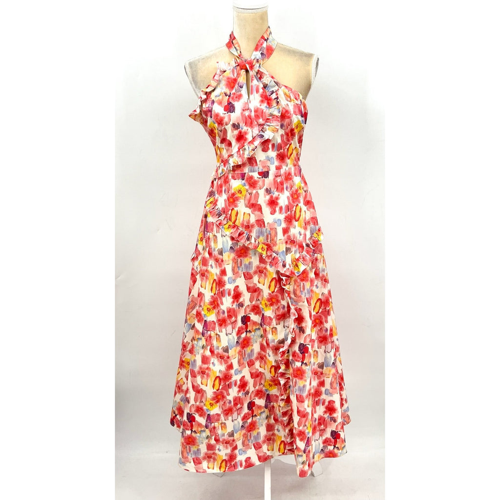EN SAISON Women's Giada Midi Dress Small Pink Coral Floral Print Halter NWOT