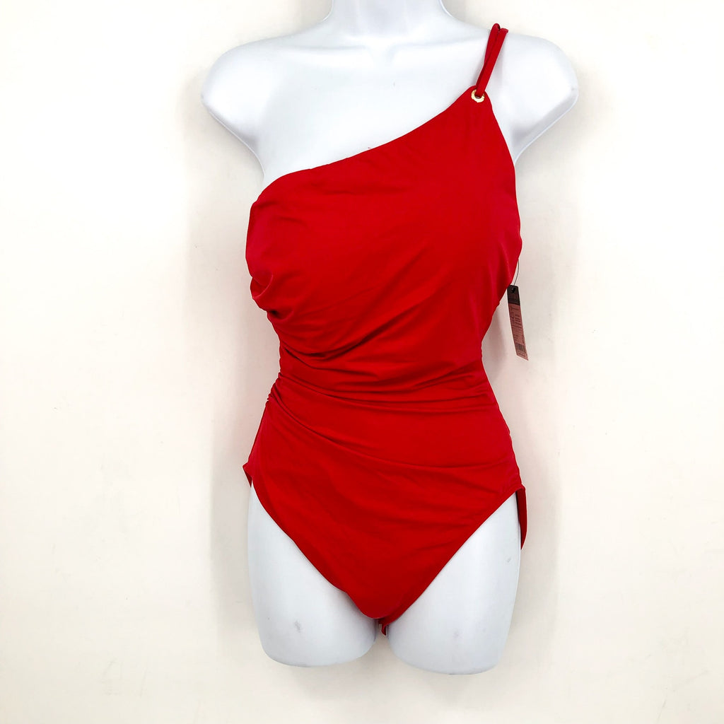 LAUREN RALPH LAUREN Double Strap One Piece Swimsuit Size 6 Red One Shoulder NWT