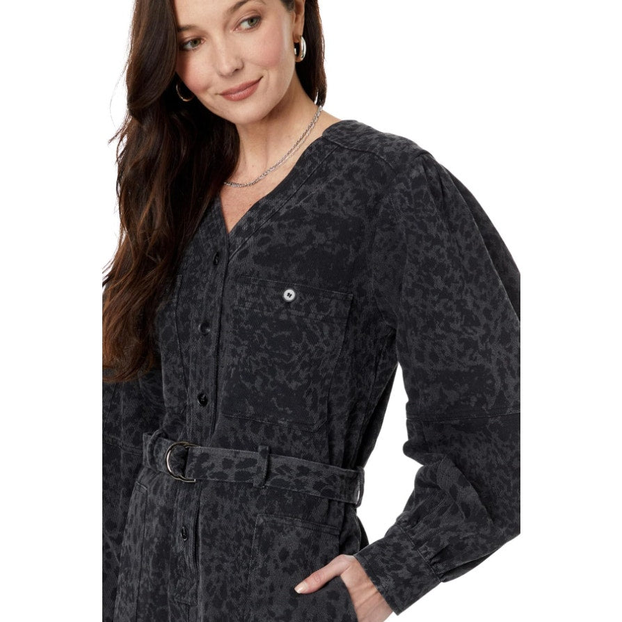 EN SAISON Womens Harlow Denim Romper Small Grey Charcoal Animal Print Belted NWT