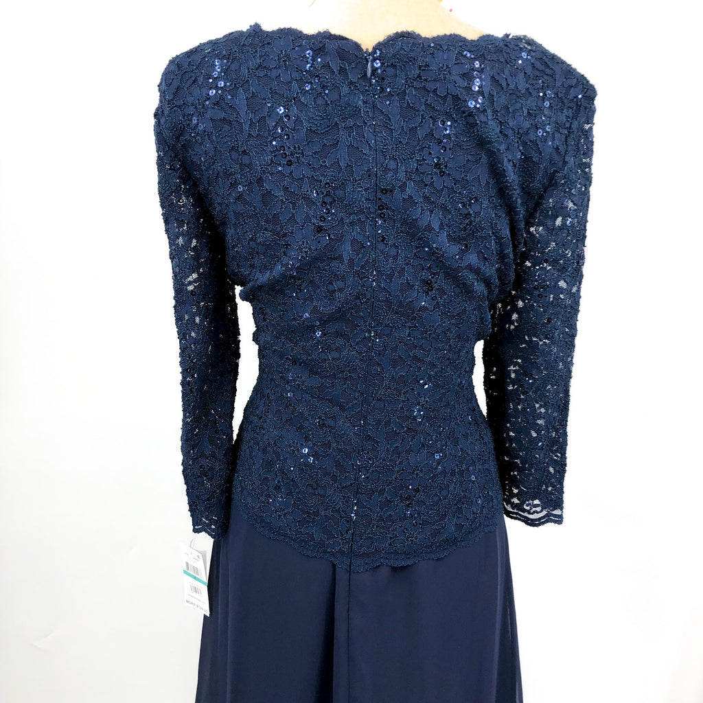 ALEX EVENINGS Sequin Lace Mock Dress Size 16 Navy Chiffon Skirt Sleeves NWT