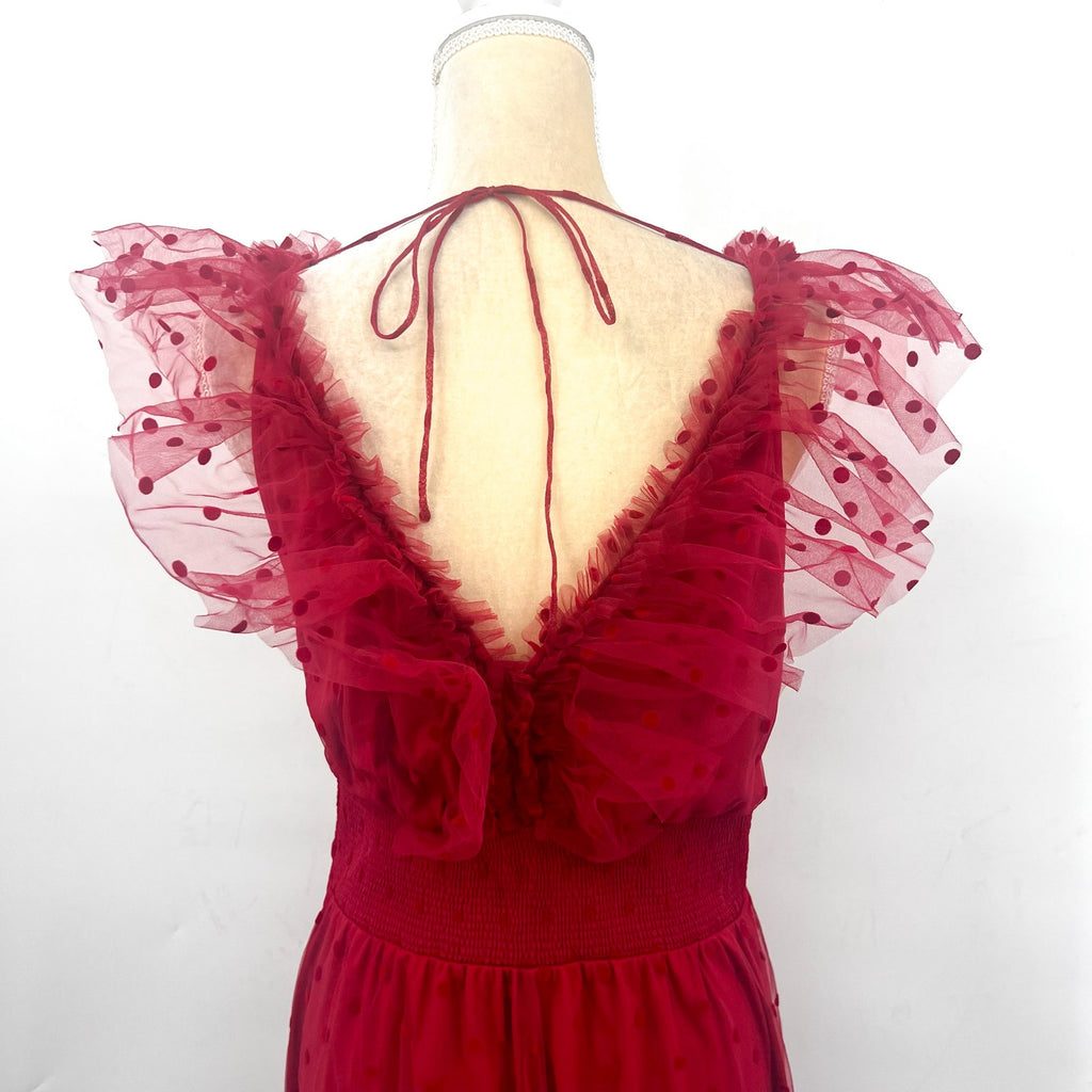 ADRIANNA PAPELL Women's Dot Tulle Ruffle Dress Size 14 Red Sleeveless NWT