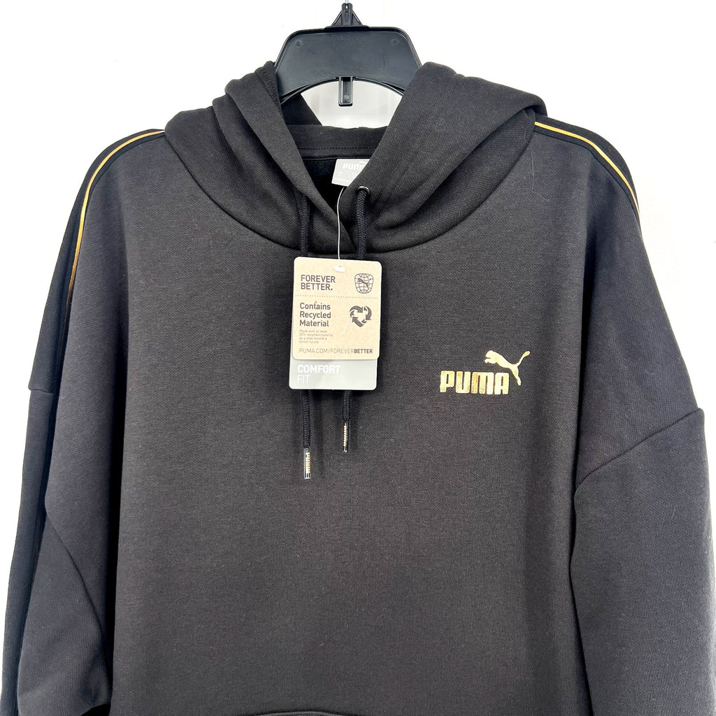 PUMA Women's Essentials Tape Minimal Gold Hoodie Large Black Sweatshirt NWT