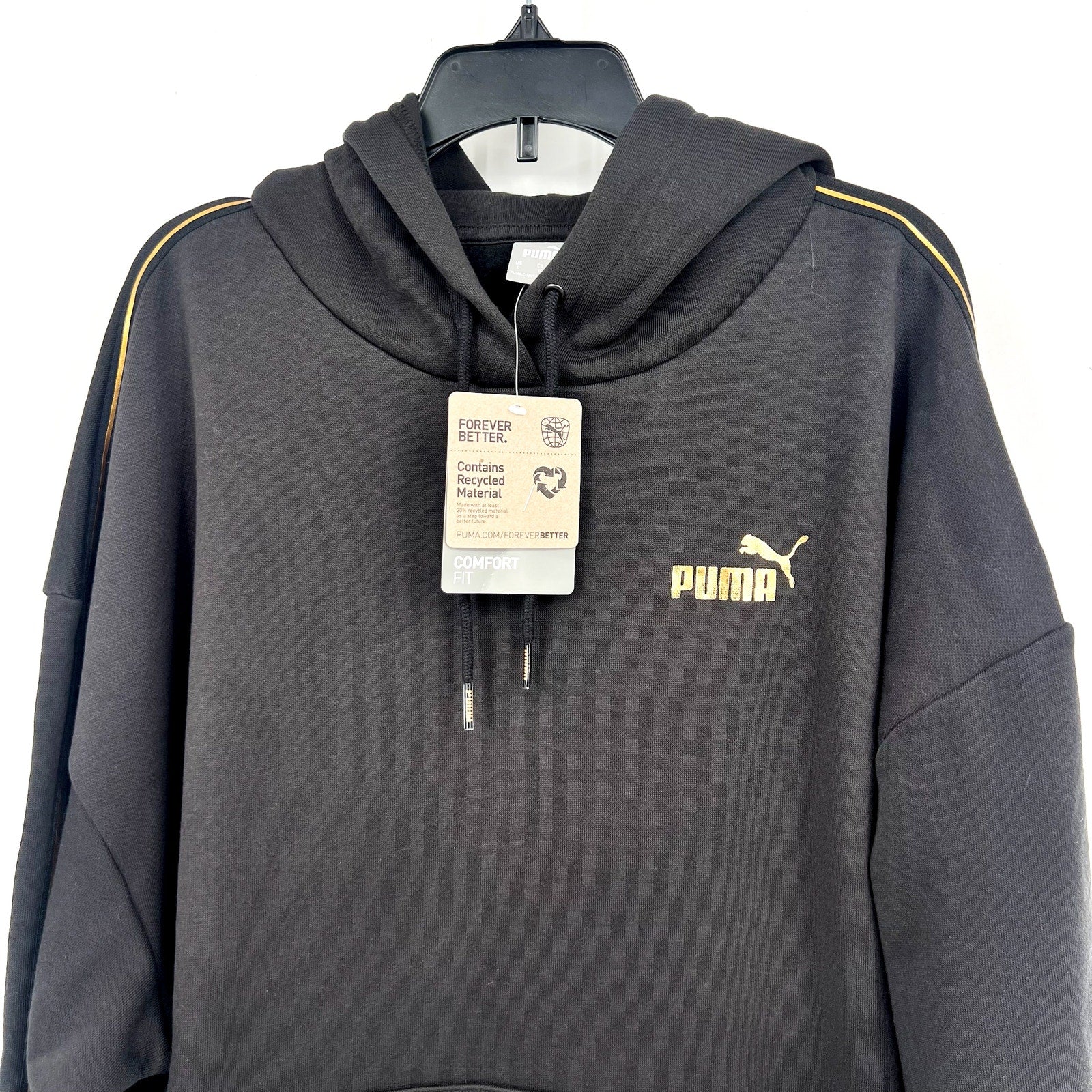 PUMA Women's Essentials Tape Minimal Gold Hoodie Large Black Sweatshirt NWT