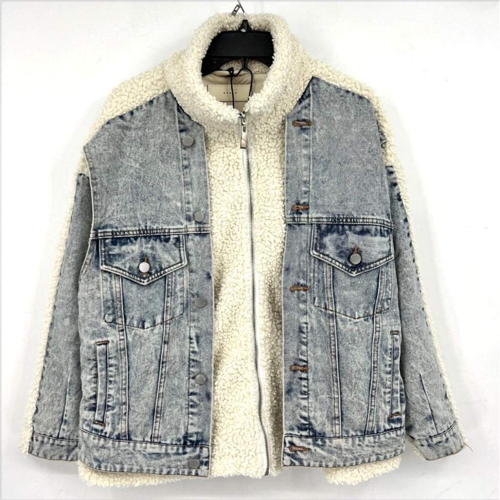 BLANKNYC Womens Denim & Faux Shearling Trucker Jacket XS Cream Blue Bear Hug NWT