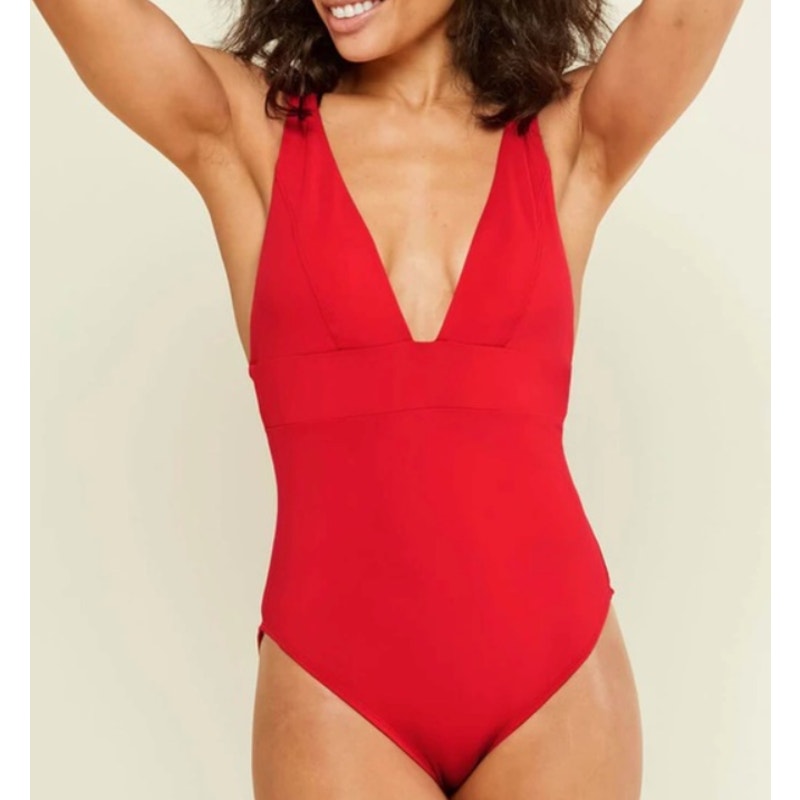 ANDIE SWIM Sardinia Long Torso One Piece XS Tall Cherry Red Plunge V-Neck