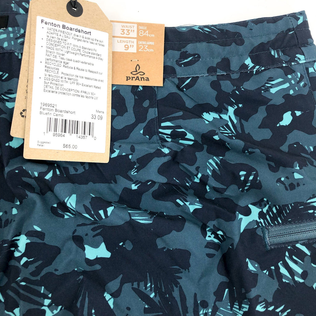 PRANA Mens Fenton Board Shorts Size 33 Medium Bluefin Camo 9" Inseam UPF 50+ NWT
