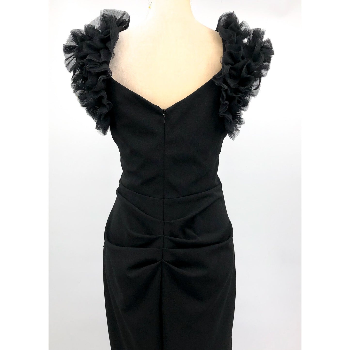 AQUA FORMAL Women's Long Scuba Crepe Dress Size 10 Black Ruffle Shoulder NWT