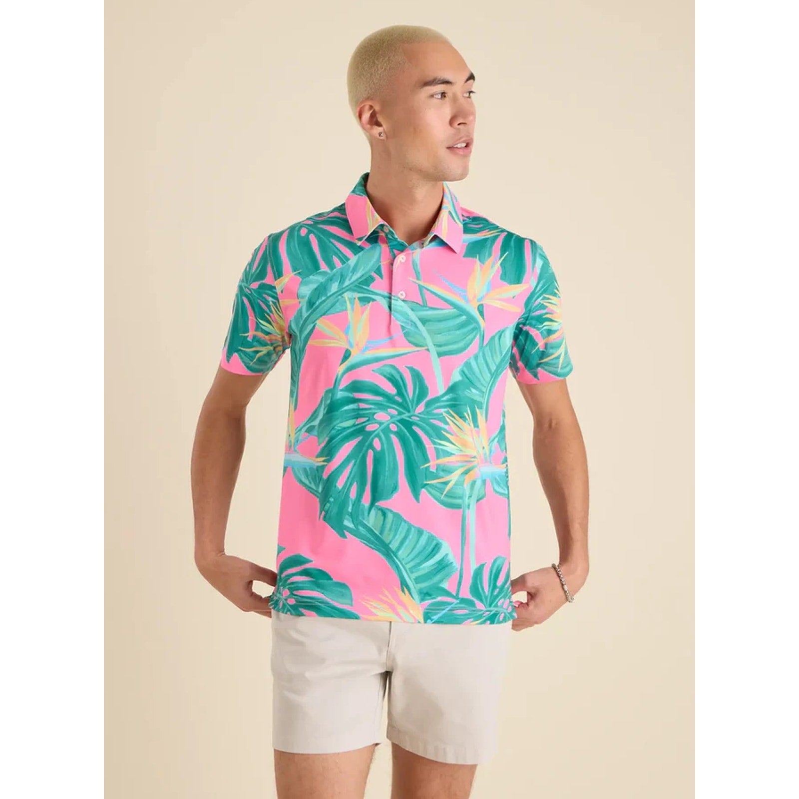 CHUBBIES Mens Performance Polo Shirt XL Pink Green Birds Paradise SS NWT