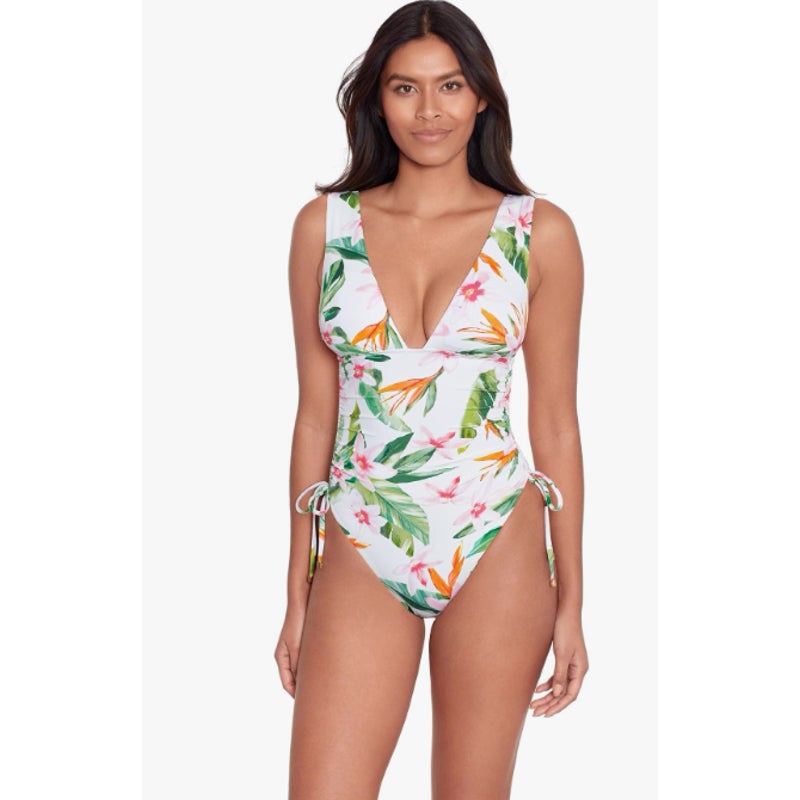 LAUREN RALPH LAUREN Plunge One Piece Swimsuit Size 16 White Floral NWT