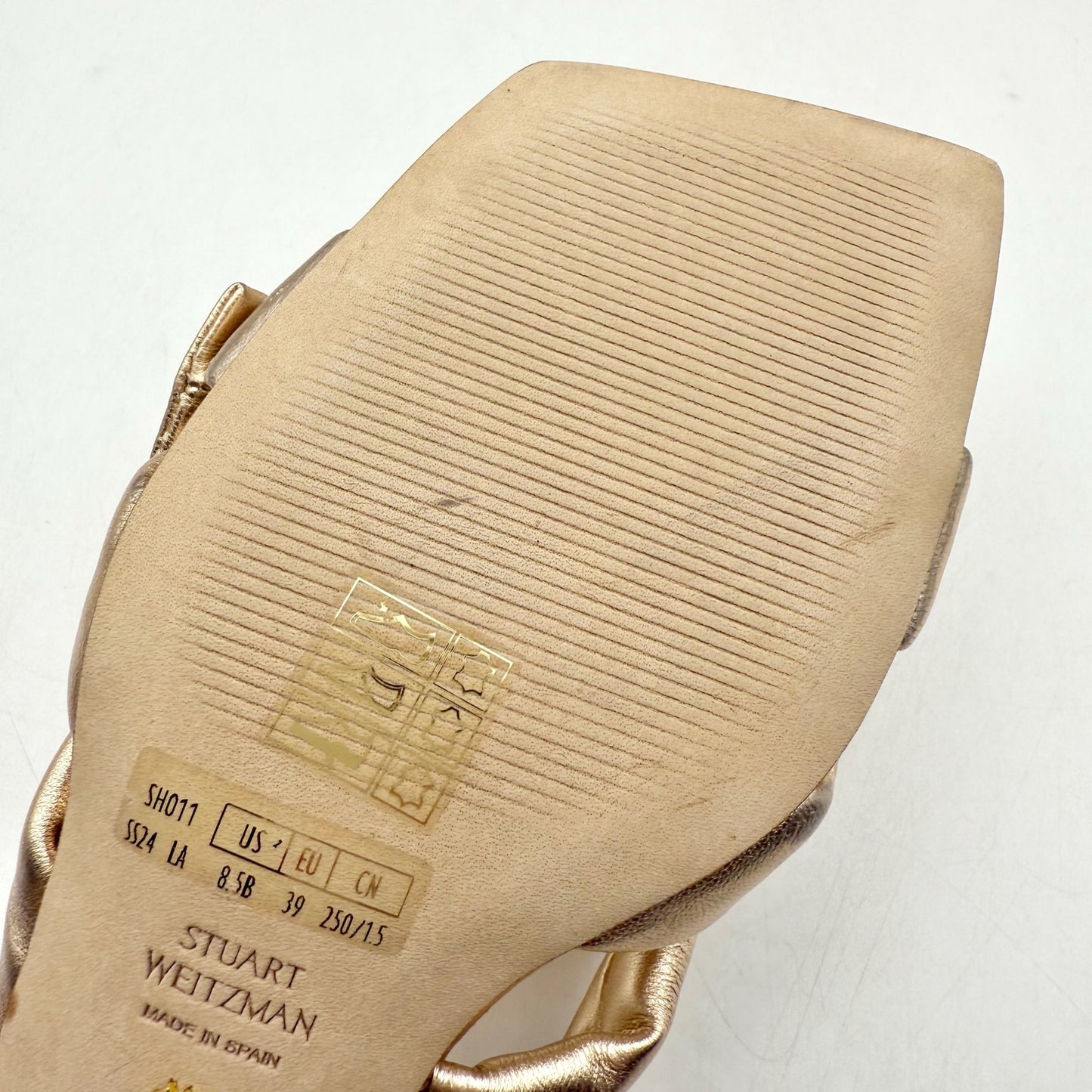 Stuart Weitzman Womens Sofia 45 Slide High Heels US 8.5 M Gold Leather Bow NIB