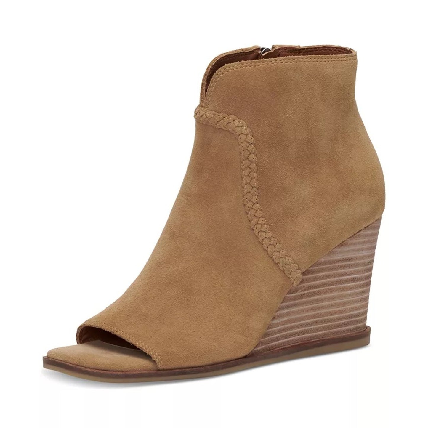LUCKY BRAND Women's Suede Lureli Wedge Booties Size 6 Tan Peep Toe NWOB