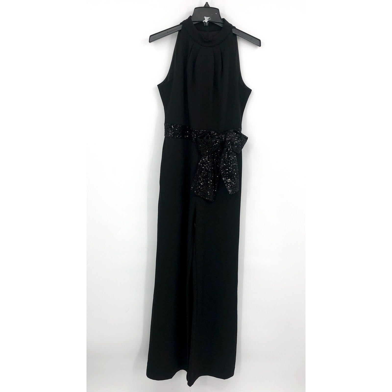 ELIZA J Sequin Bow Detail Sleeveless Jumpsuit SIZE 6 Black Tie Neck NWT