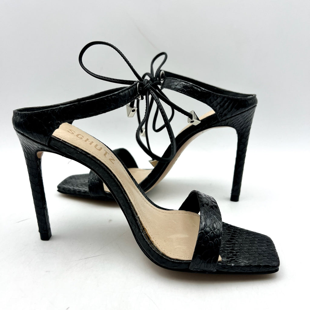 SCHUTZ Womens Mavis Heel Sandals Size 5.5 B Black Snake Shine Leather NIB