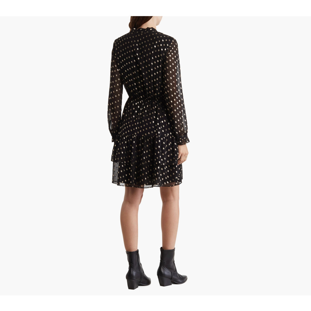 NANETTE LEPORE Metallic Dot Dress Size 2 Black Gold Chiffon Ruffle Neck NWT
