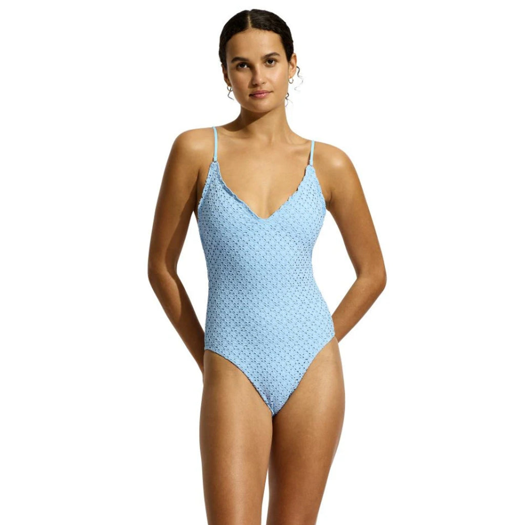 SEAFOLLY Women's Daydreamer One Piece Swimsuit Size 10 Powder Blue V Neck NWT