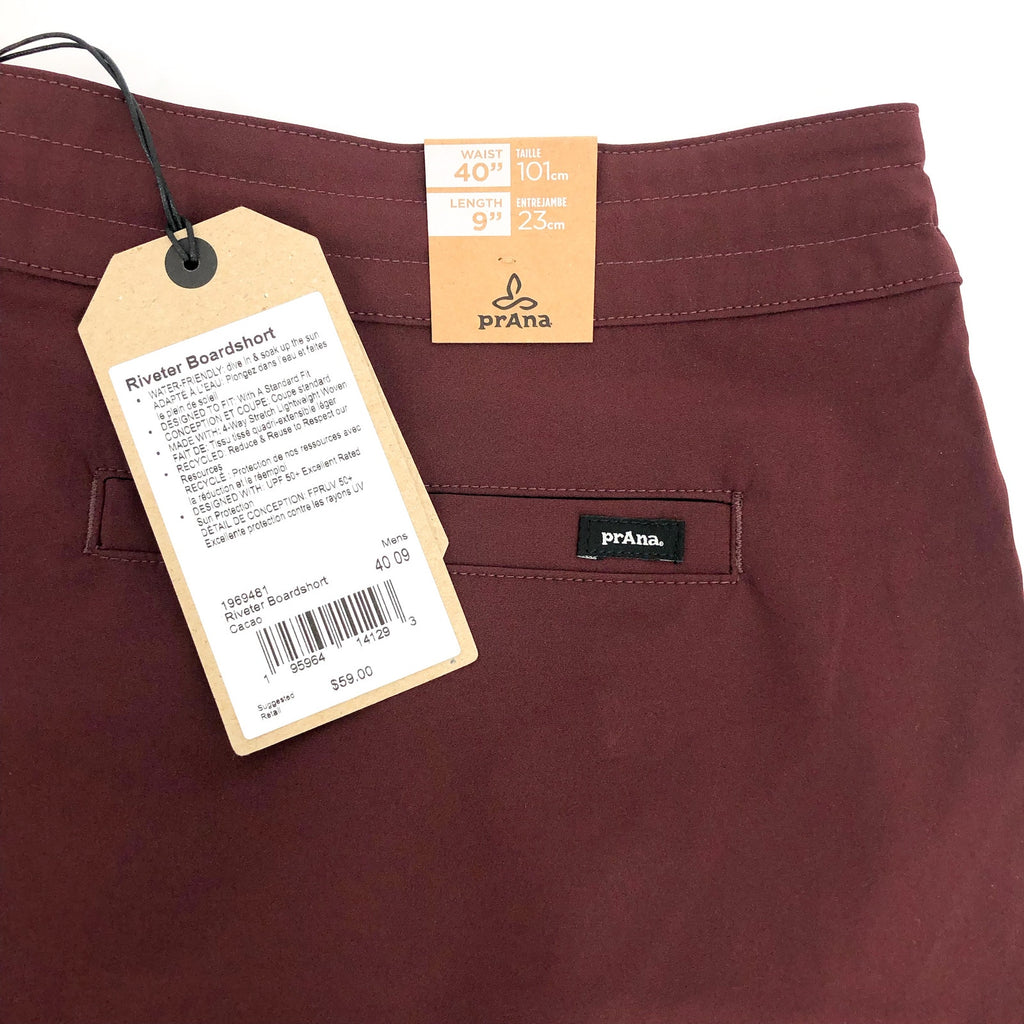 PRANA Men's Riveter Board Shorts Size 40 Dark Red Cacao 9" Inseam Drawstring NWT