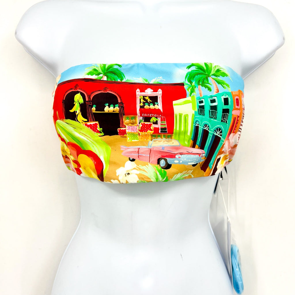 SEAFOLLY Women's Cuba Bandeau Bikini Top Size 10 Turquoise Multi Printed NWT