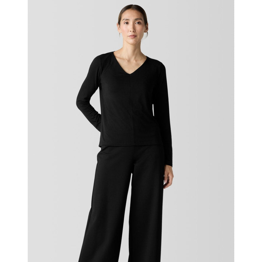 EILEEN FISHER Women's Fine Jersey Long Sleeve V-Neck Top XS Black Slim Fit NWT