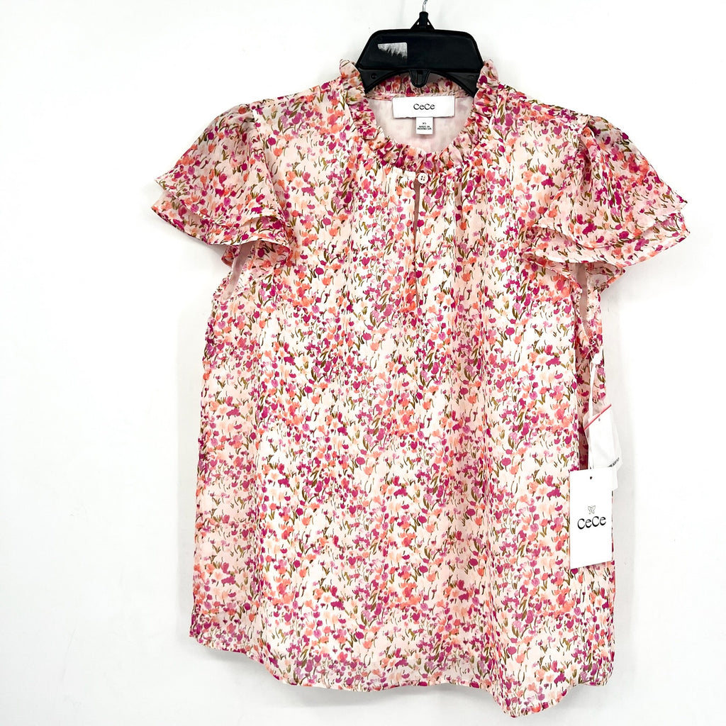 CECE Women's Ruffled Blouse XS Pink Floral Keyhole-Neck Flutter-Sleeve NWT