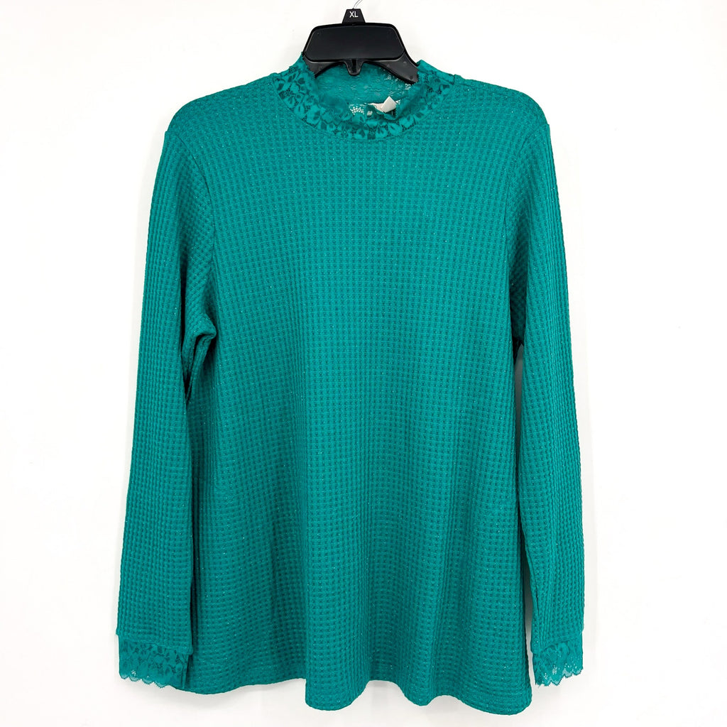 LOGO LORI GOLDSTEIN Metallic Waffle Knit Top Small Blue Green Long Sleeve NWOT