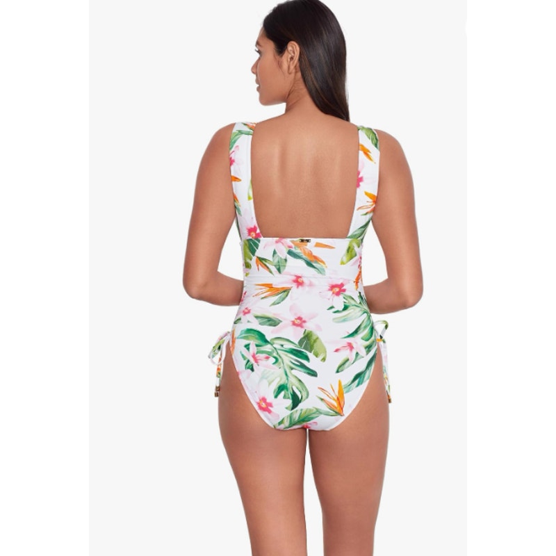 LAUREN RALPH LAUREN Plunge One Piece Swimsuit 16 White Watercolor Floral NWT