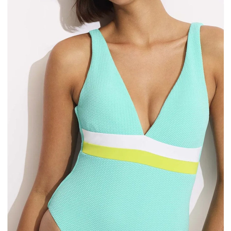 SEAFOLLY Spliced V Neck One Piece Swimsuit Size 8 Green Blue Lime Burst NWT