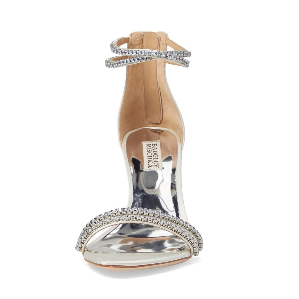 Badgley Mischka Womens Logan Heeled Sandals US 8.5 Silver Leather Crystal NIB