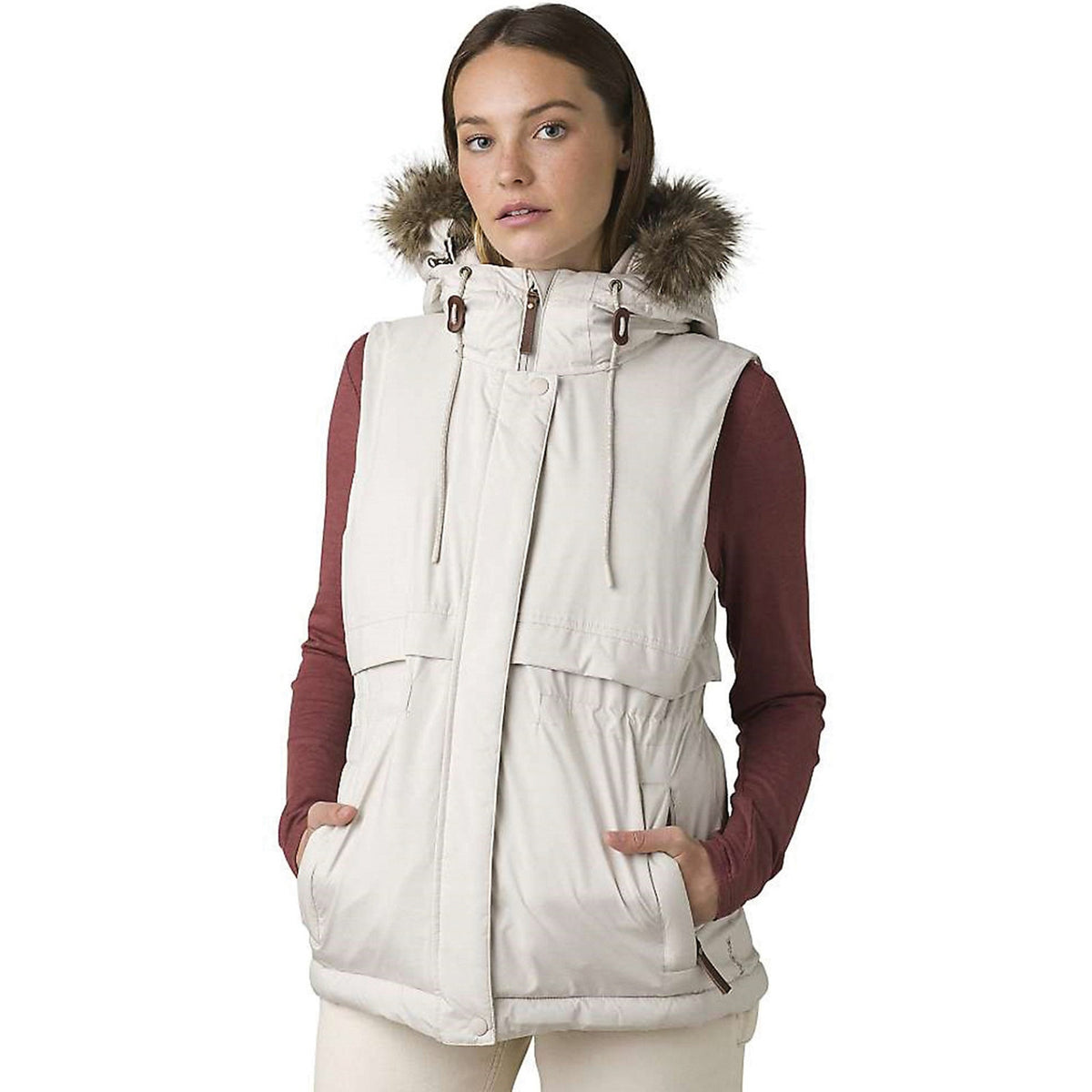 Prana Womens Banajaara Down Vest Small Cream Puffer Hooded Faux Fur NWT $250