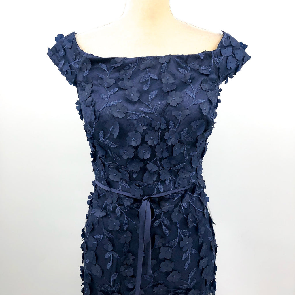 ELIZA J Women's Off The Shoulder 3D Floral Gown Size 10 Navy Blue Tie Dress NWOT