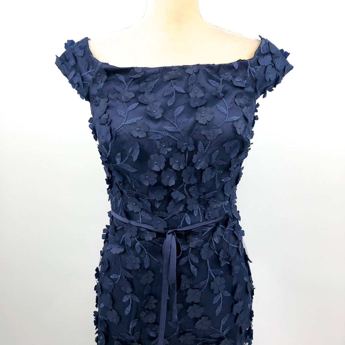 ELIZA J Women's Off The Shoulder 3D Floral Gown Size 10 Navy Blue Tie Dress NWOT