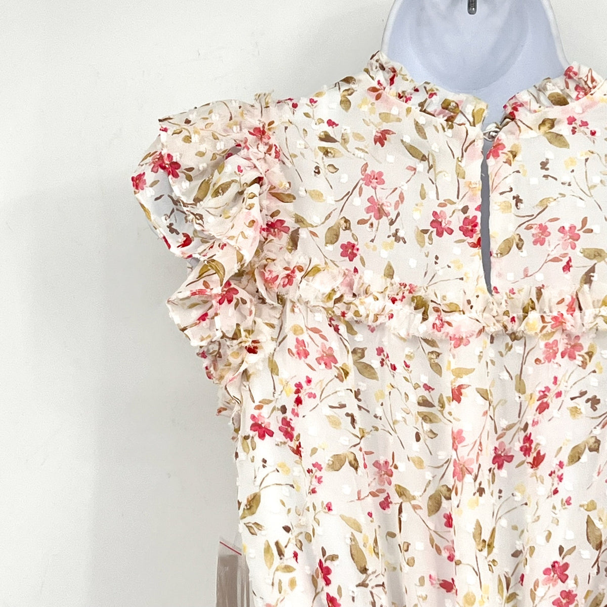 CECE Women's Short Ruffle Front Dress XS White Pink Peony Floral Print NWT