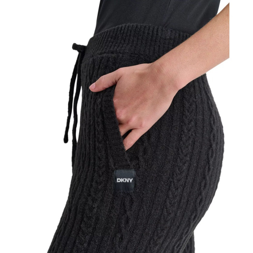 DKNY Womns Cozy Cable Sweater Knit Jogger Large Black Drawstring NWT