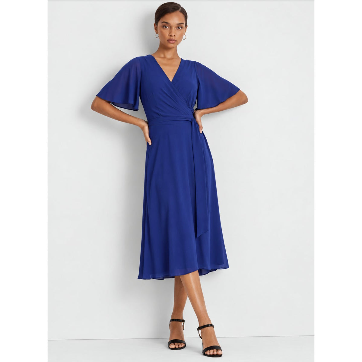 LAUREN RALPH LAUREN Women's Belted Georgette Dress Size 10 Blue Short Sleeve NWT