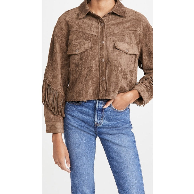 BLANKNYC Women's Faux Suede Fringe Jacket Medium Brown Hot Cocoa Long Sleeve NWT